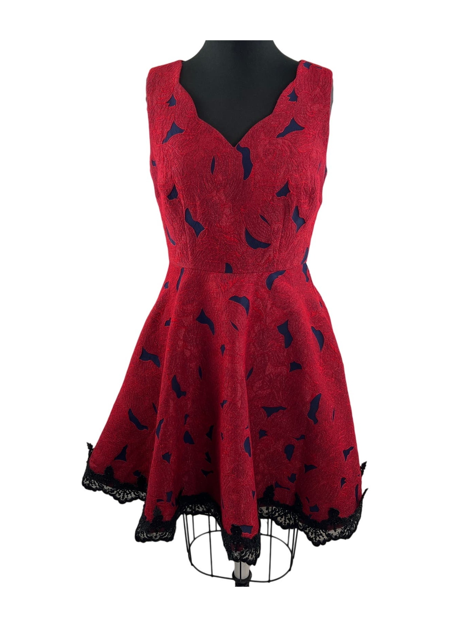 Alberto Makali Jacquard Fit & Flare Dress Red Blue Sleeveless Lace Trim Size 8